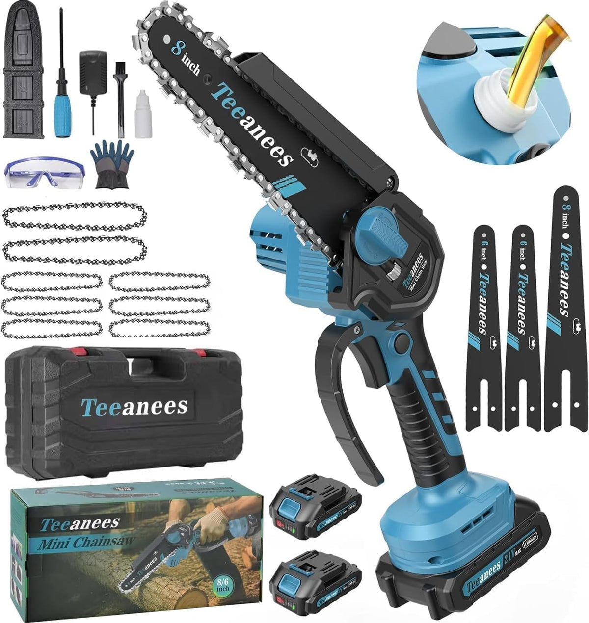 TEEANEES mini chainsaw with 8-inch guide bar for versatile pruning and cutting