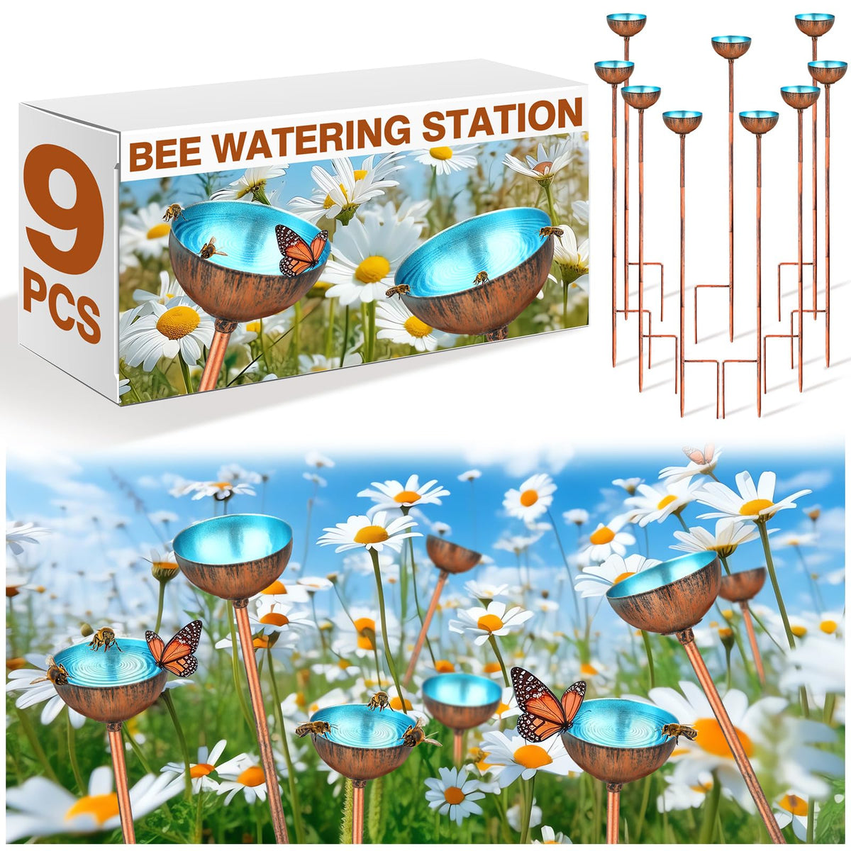 Teenyyou bee watering station with blue cups inviting pollinators to the garden