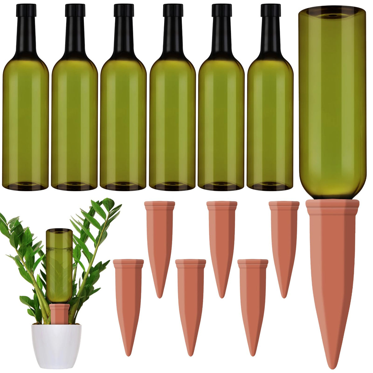 Teenyyou terracotta self-watering spikes inserted into soil to regulate moisture for indoor plants.