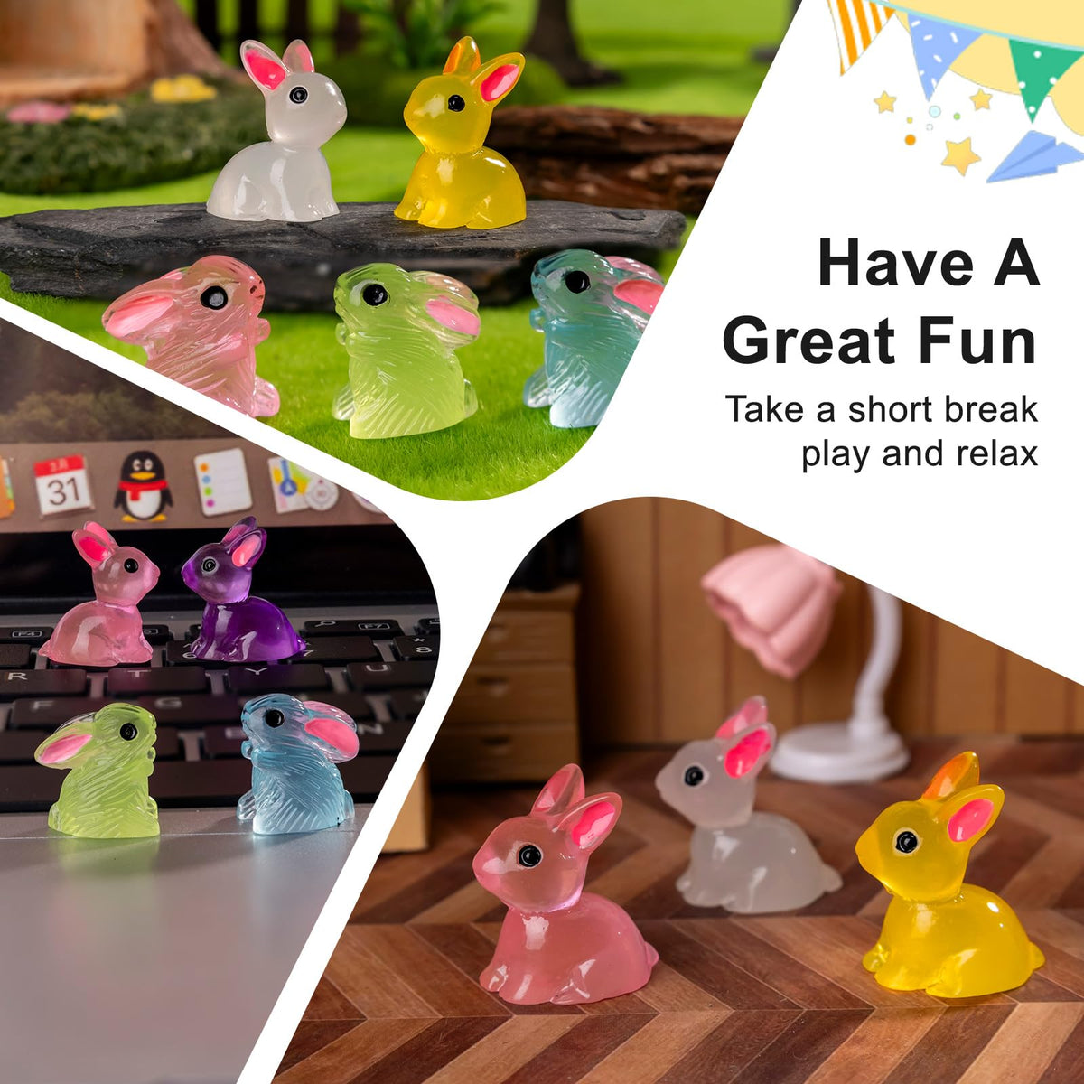 Teenzee aquarium decor bunny figures add playful accents to tanks.