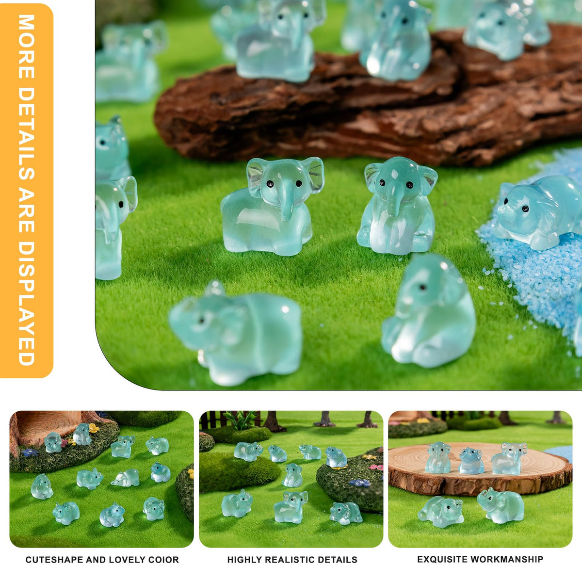 Teenzee elephant miniatures in a tiny fairy garden scene for whimsy.
