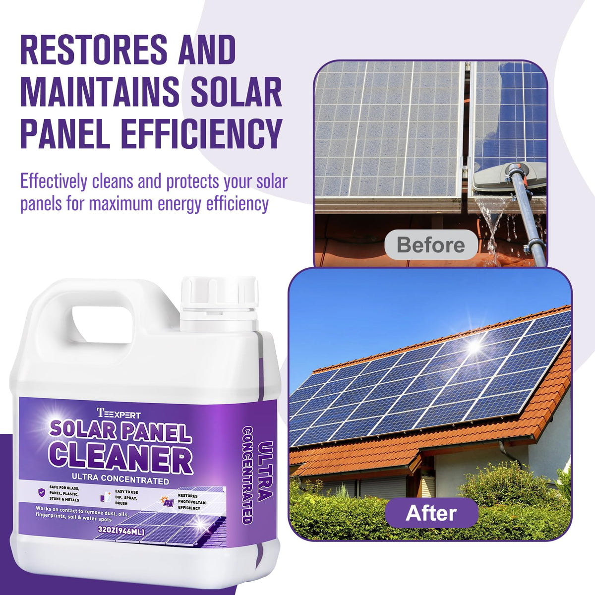 Teexpert Solar Panel Cleaner bottle closeup shows safe, ammonia-free formulation.