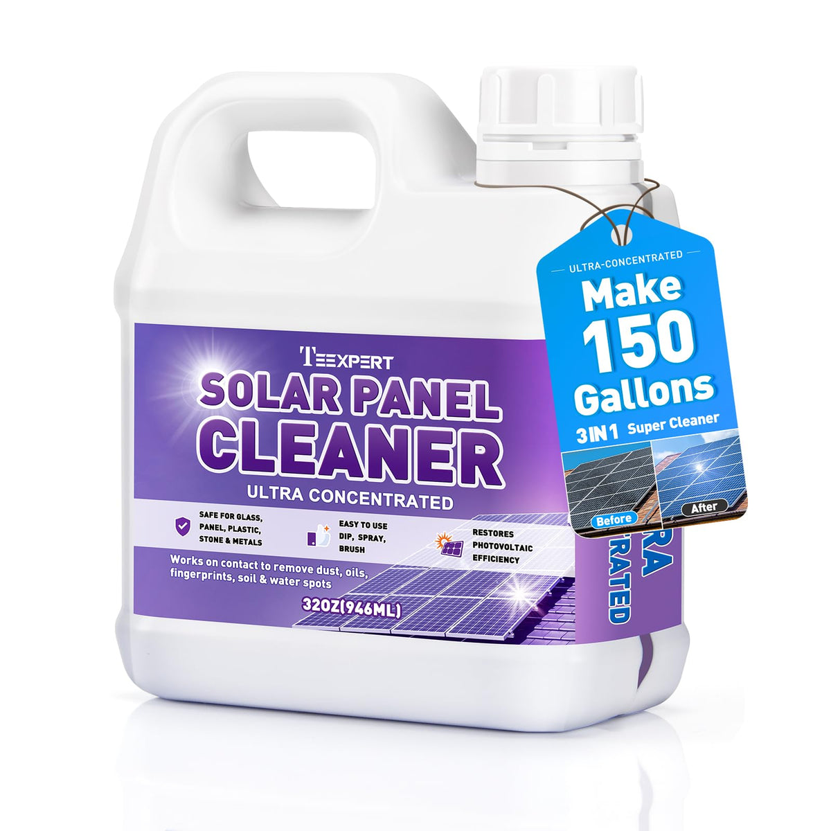 Teexpert Solar Panel Cleaner bottle pour demonstrates easy, streak-free application.