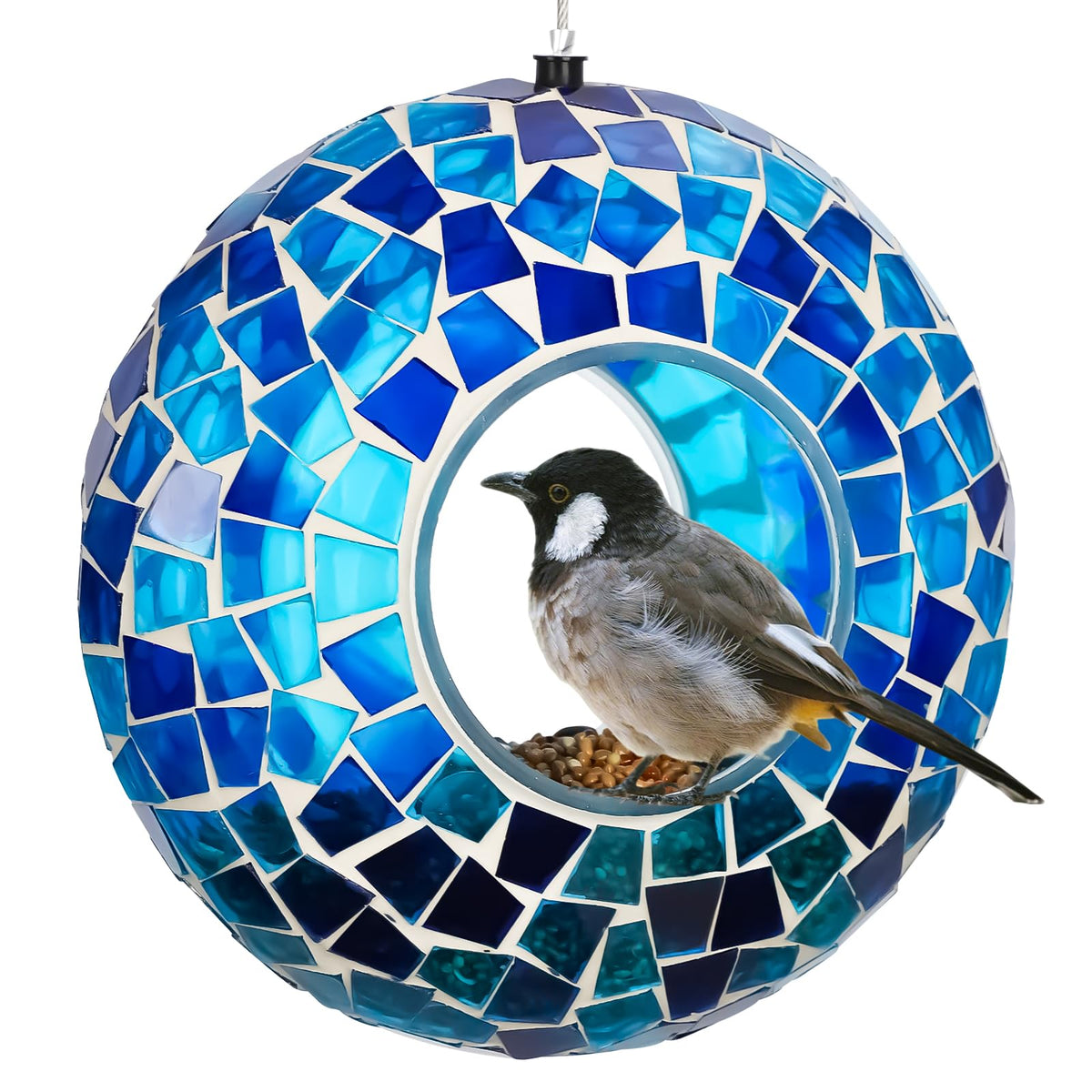 Tegarbed 6-inch mosaic glass bird feeder with fly-through access and vibrant colors