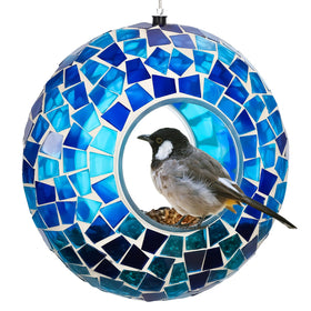 Tegarbed 6-inch mosaic glass bird feeder with fly-through access and vibrant colors