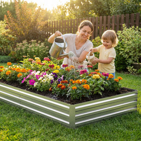 Tegarbed outdoor patio garden setup provides a durable planting solution