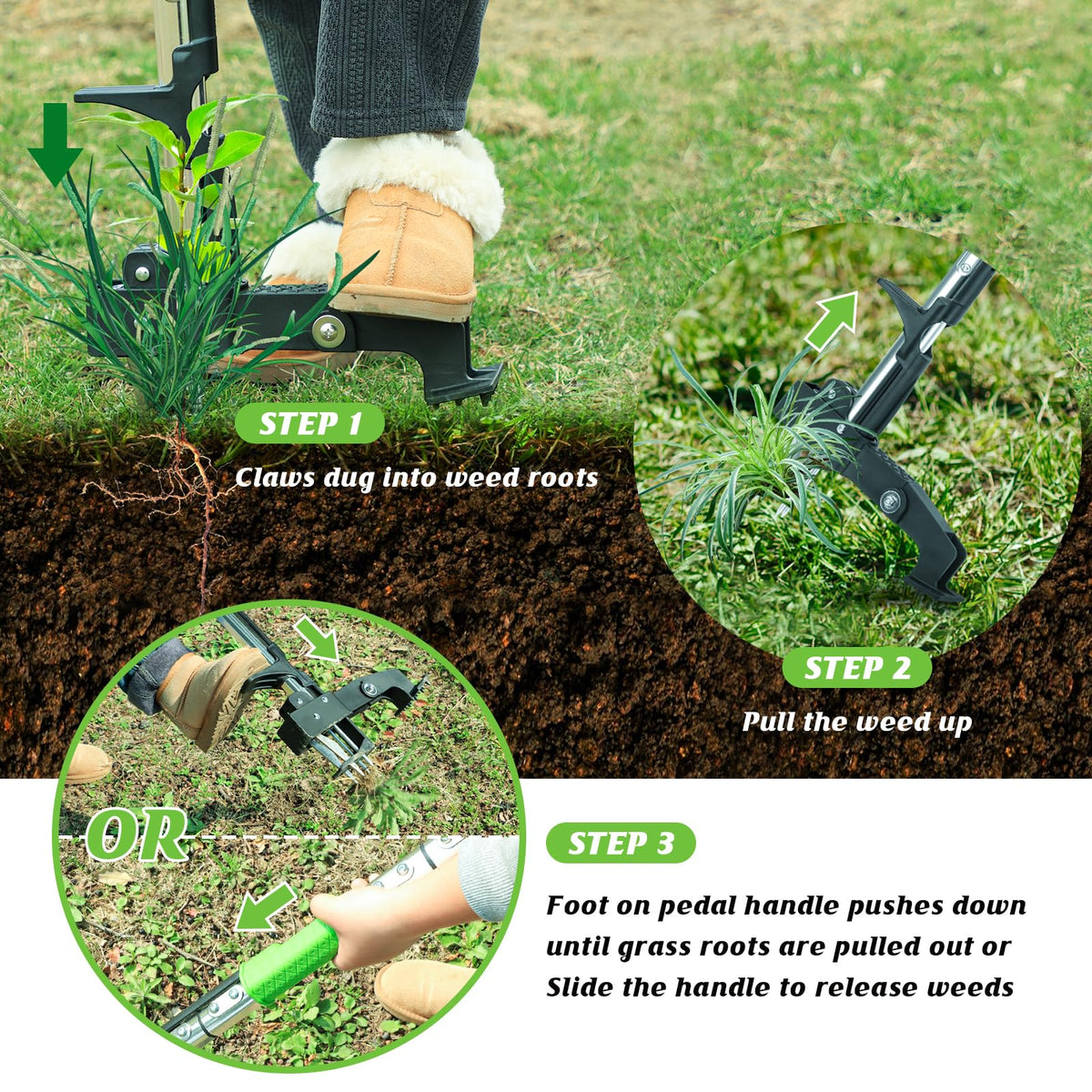 Tegarbed weed puller suitable for soft to medium-hard soils.