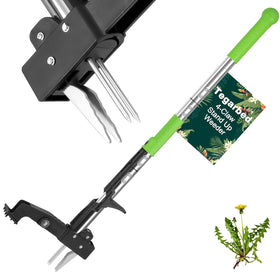 Tegarbed weed puller with 39-inch stand-up handle for easy root removal.