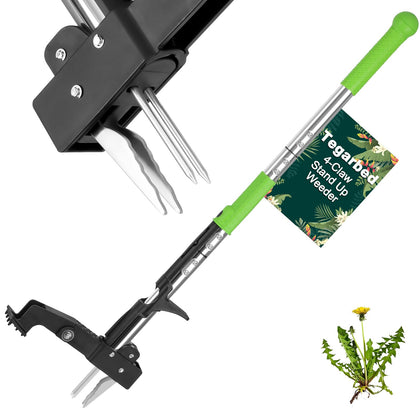 Tegarbed weed puller with 39-inch stand-up handle for easy root removal.