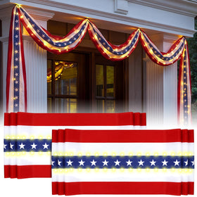 Tegeme American flag bunting with lights on a porch for outdoor decor