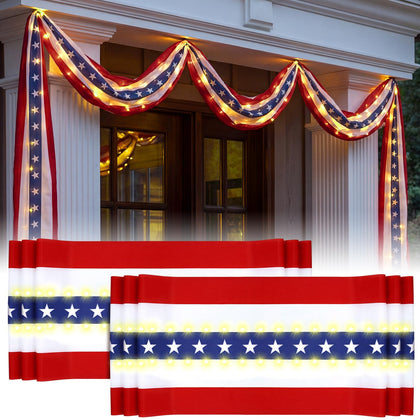 Tegeme American flag bunting with lights on a porch for outdoor decor