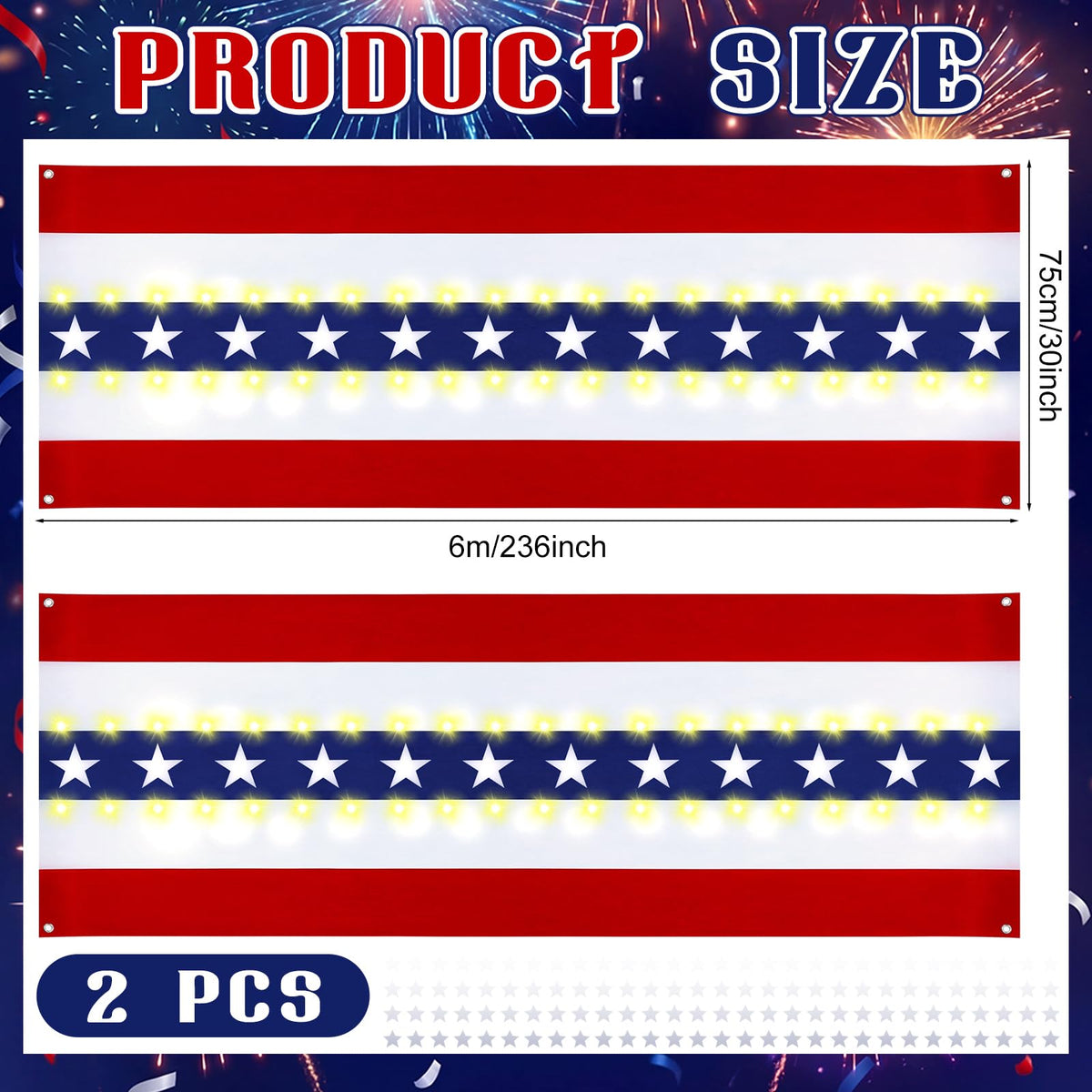 Tegeme flag bunting with lights lighting the garden at night in patriotic colors
