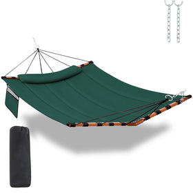 TEGERDEGER hammock with V-shaped spreader bar providing stable outdoor lounging.