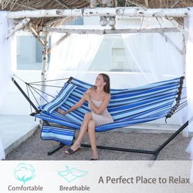 TEGERDEGER hammock with V-shaped spreader bar offers centered balance during relaxation.
