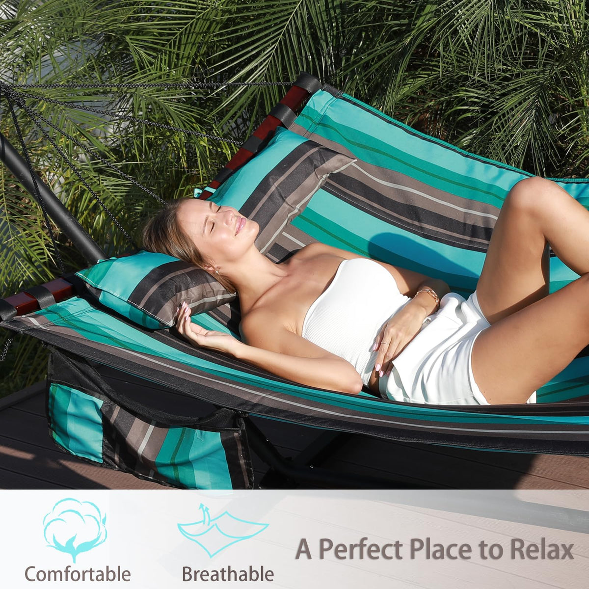 TEGERDEGER hammock with V-shaped spreader bar stabilizes balance for safe lounging.