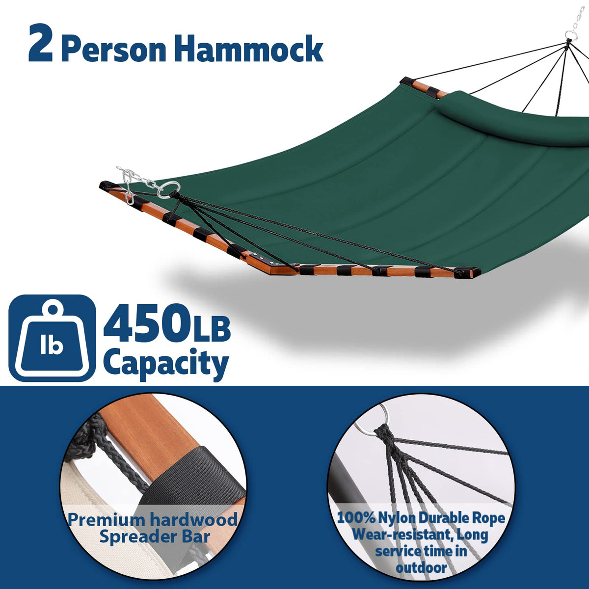 TEGERDEGER weather-resistant fabric on a dark green hammock for year-round enjoyment.