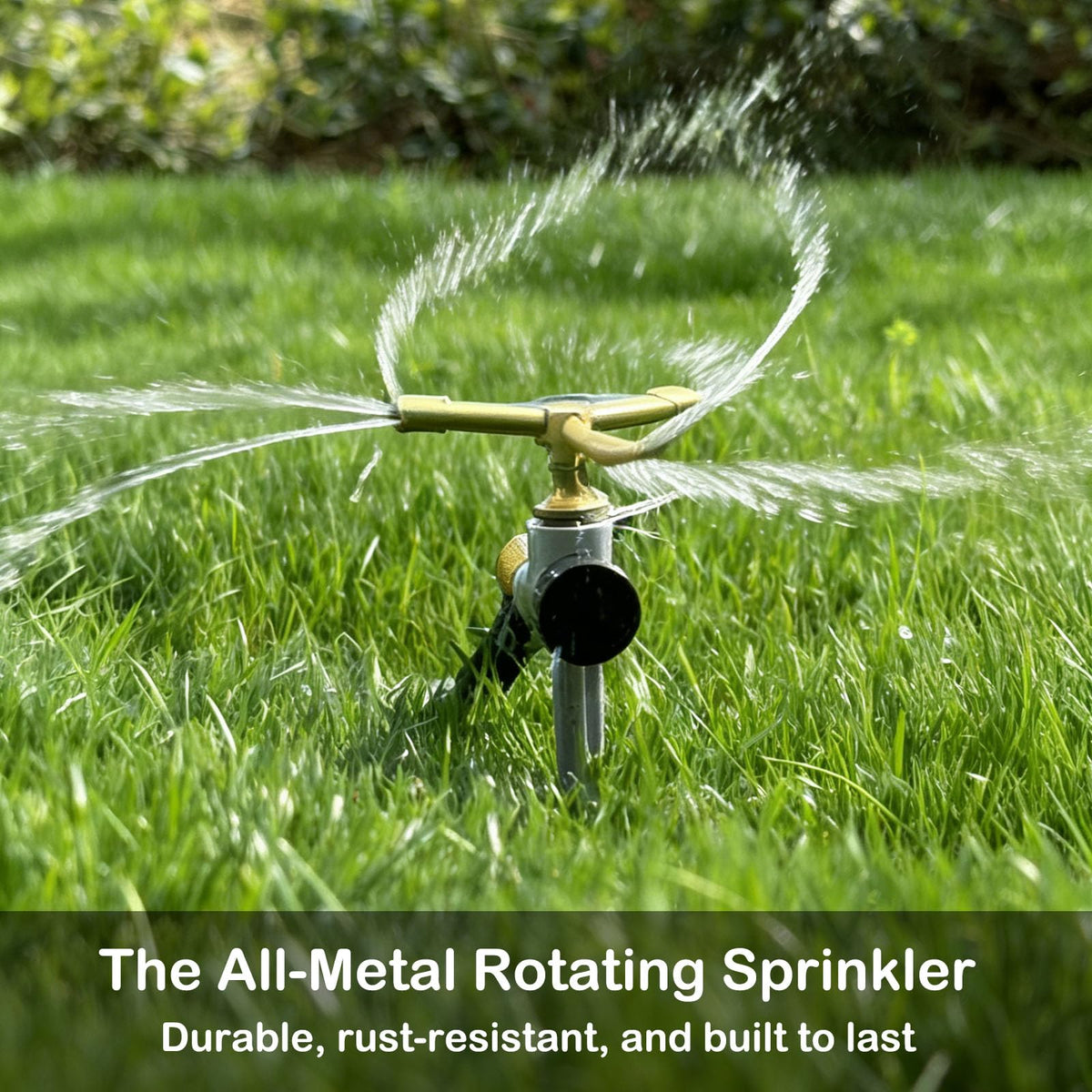 TEIENNA metal spike base keeps sprinkler stable under pressure.