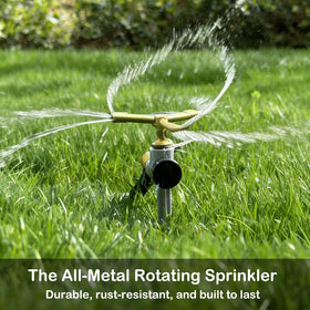 TEIENNA metal spike base keeps sprinkler stable under pressure.