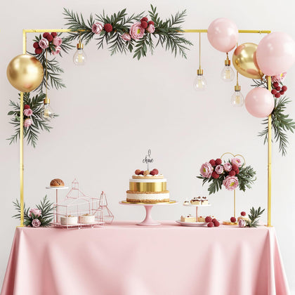 TEKCHIC over-the-table stand with a gold arch for elegant wedding backdrops.