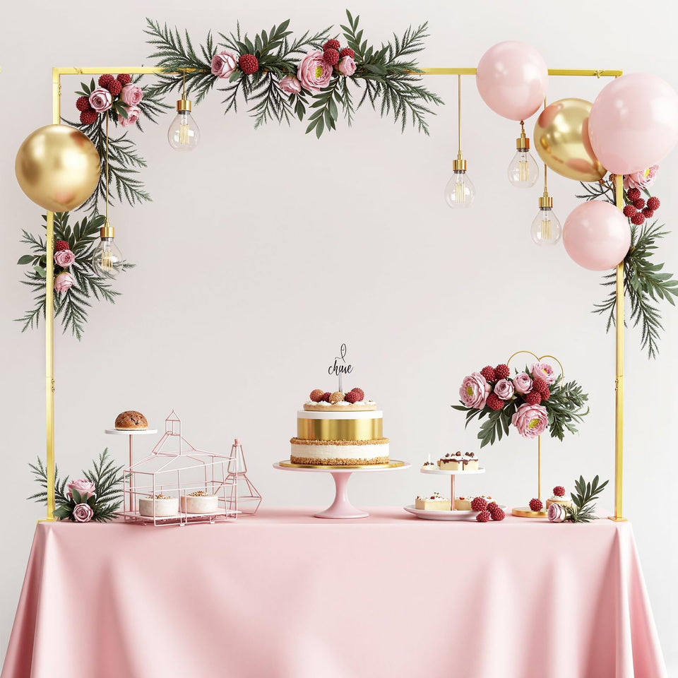 TEKCHIC over-the-table stand with a gold arch for elegant wedding backdrops.
