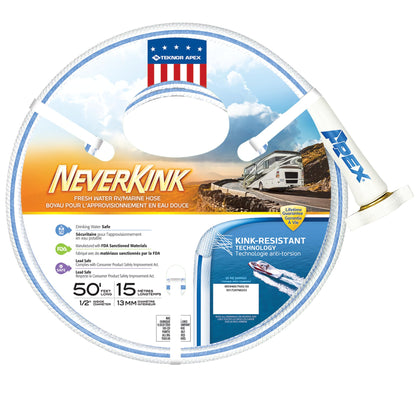 Teknor Apex NeverKink hose with faucet attachment for leak-free use.