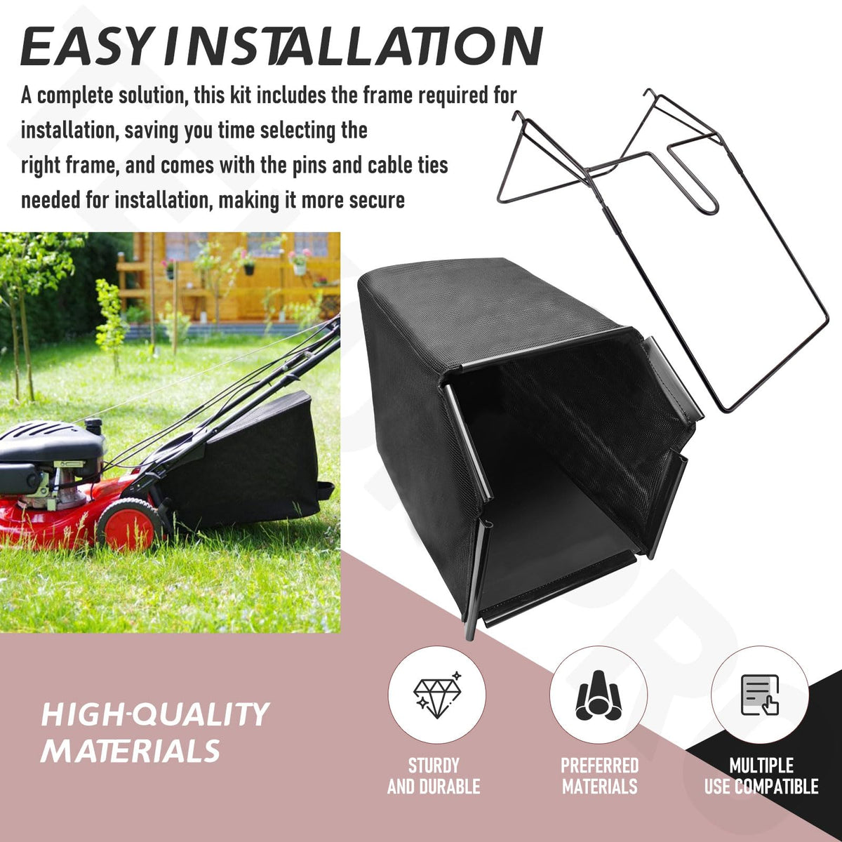 TEKONPRO durable stitching on grass catcher bag for long use.