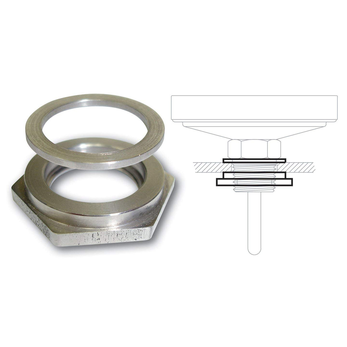 Tel-Tru installation kit with lock nut and washer for secure half-inch NPT thermometer fittings.