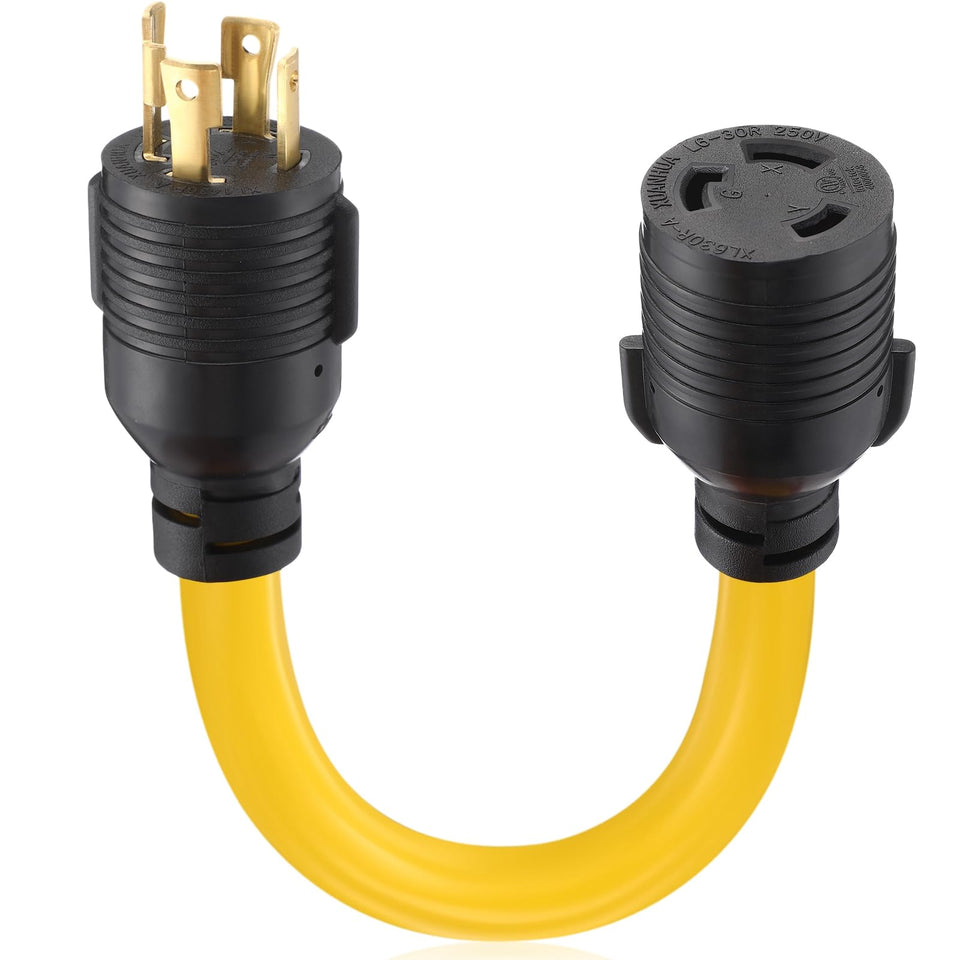 Tellegloww L14-30P to L6-30R adapter cord outlet closeup showing versatile 30A power transfer.
