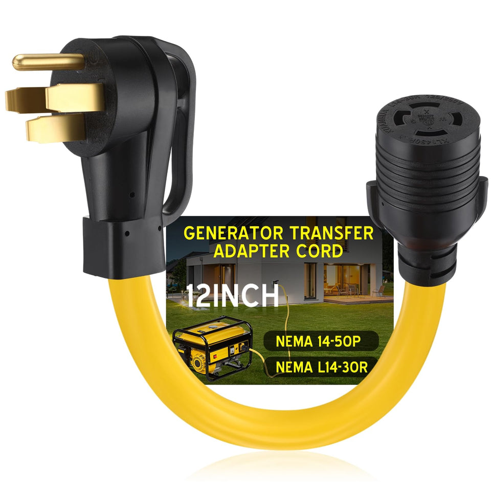 Tellegloww NEMA 14-50P to L14-30R adapter cord, 12 inch length, secure generator to house connection.
