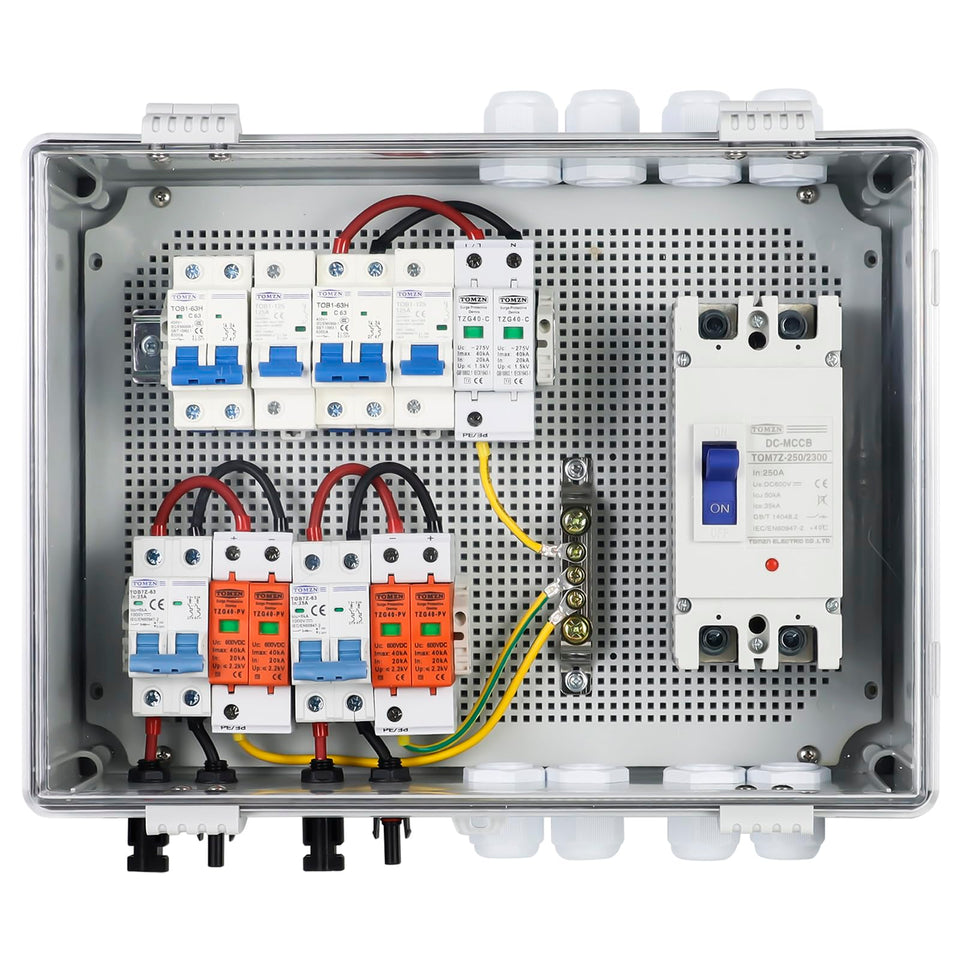 Temank PV Combiner Box IP65 housing with a transparent inner view.