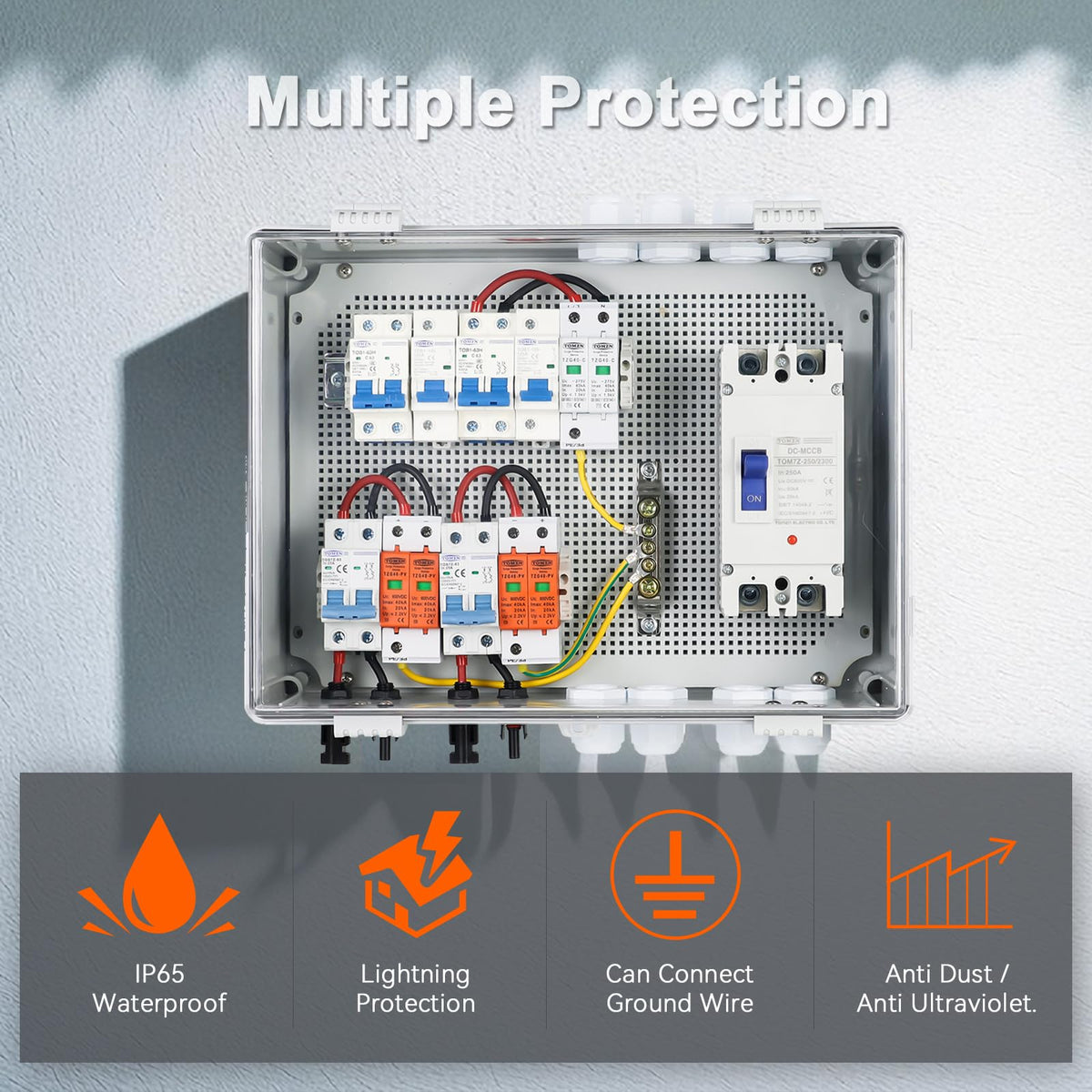 Temank surge protection devices guarding DC and AC lines.