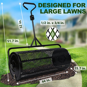 TEMFAR lawn spreader connected to a tractor for towing