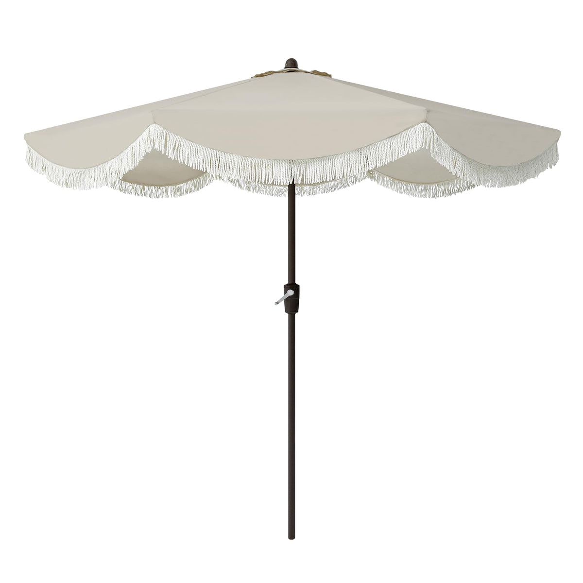 Tempera 9ft scalloped umbrella fringe detail enhances outdoor shade and style.