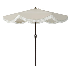 Tempera 9ft scalloped umbrella fringe detail enhances outdoor shade and style.