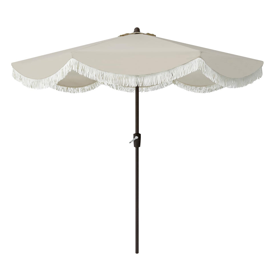 Tempera 9ft scalloped umbrella fringe detail enhances outdoor shade and style.