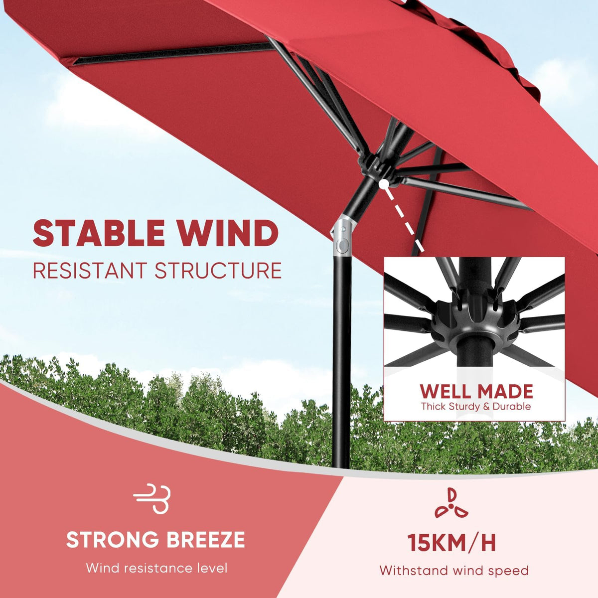Tempera 9ft umbrella base area highlights sturdy construction and placement options.