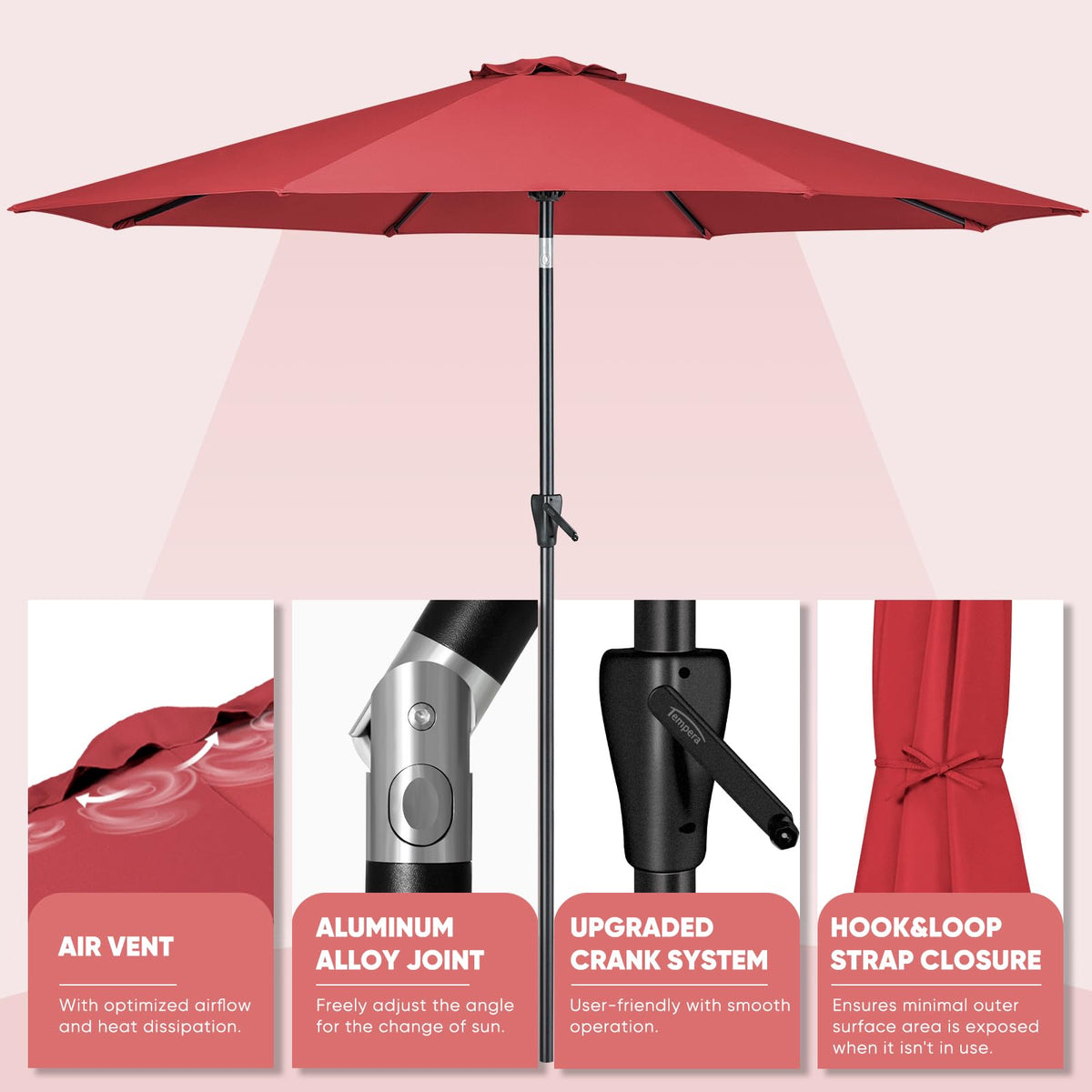 Tempera 9ft umbrella crank tilt shows easy adjustment for sun throughout the day.