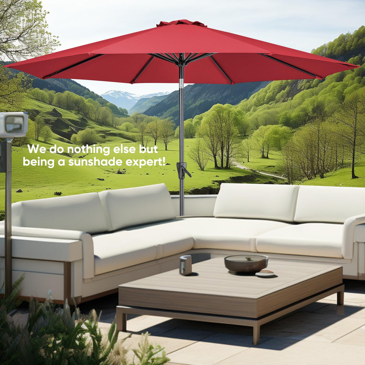 Tempera 9ft outdoor scene shows versatile patio shade for gatherings.