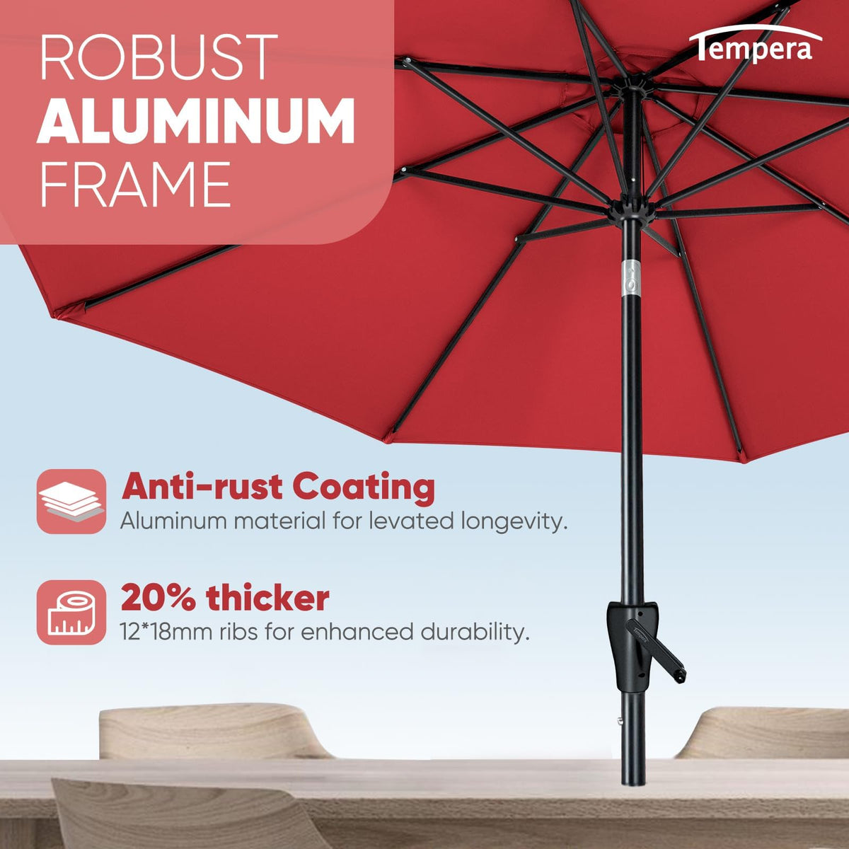 Tempera 9ft umbrella size coverage illustrates 9 ft span for dining sets.