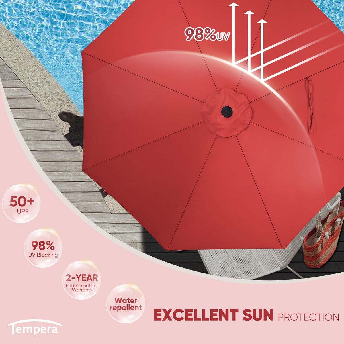 Tempera 9ft umbrella wind system demonstrates durable rust-resistant aluminum frame for stability.