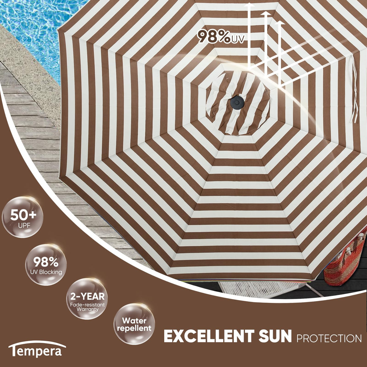 Tempera beige taupe stripe canopy provides fade-resistant color