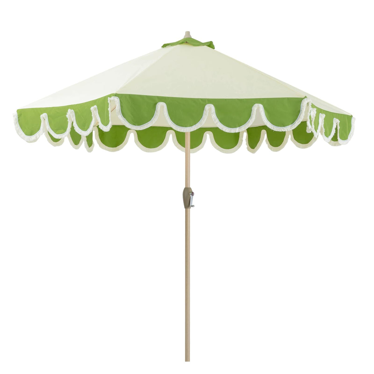 Tempera 9ft scalloped umbrella with fringe provides stylish shade for outdoor dining.