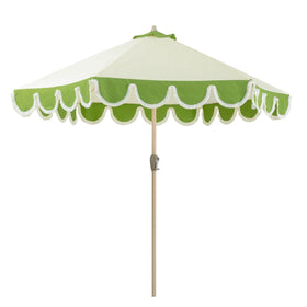 Tempera 9ft scalloped umbrella with fringe provides stylish shade for outdoor dining.