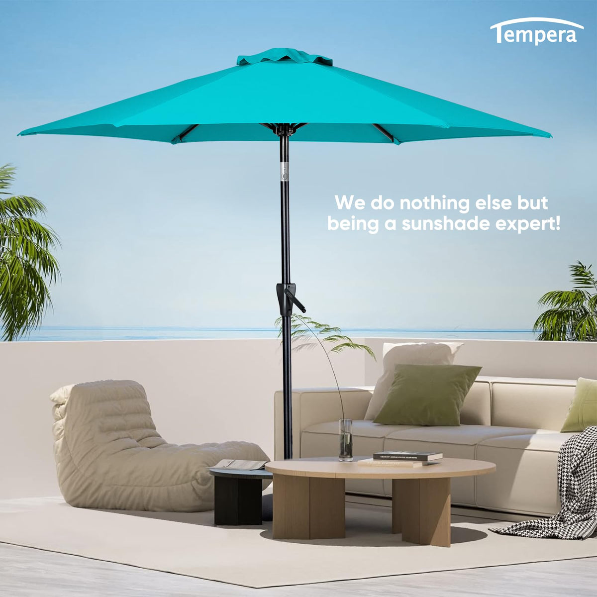 Tempera large outdoor umbrella over dining area for family meals.