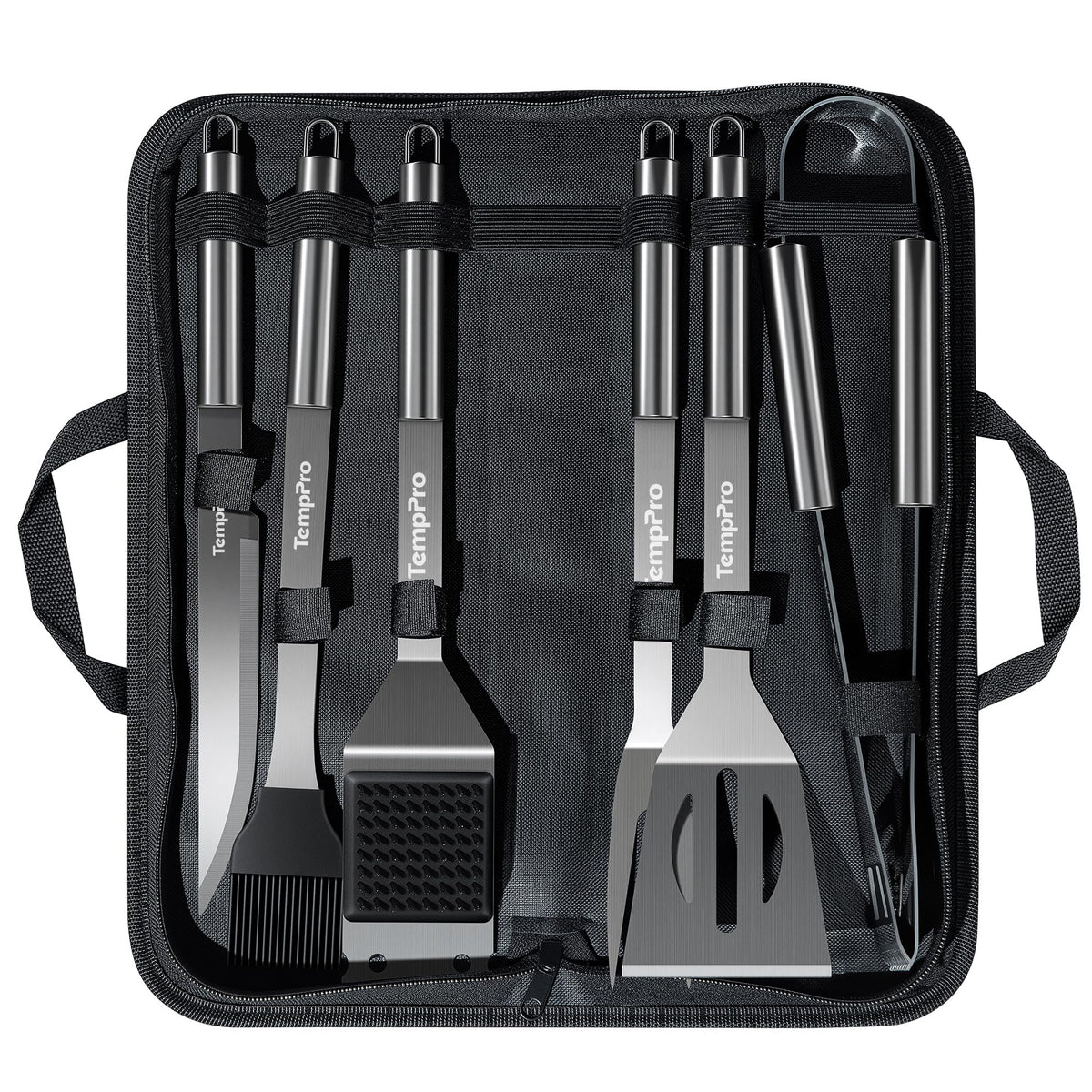 TempPro spatula over burgers for precise flipping and even browning.
