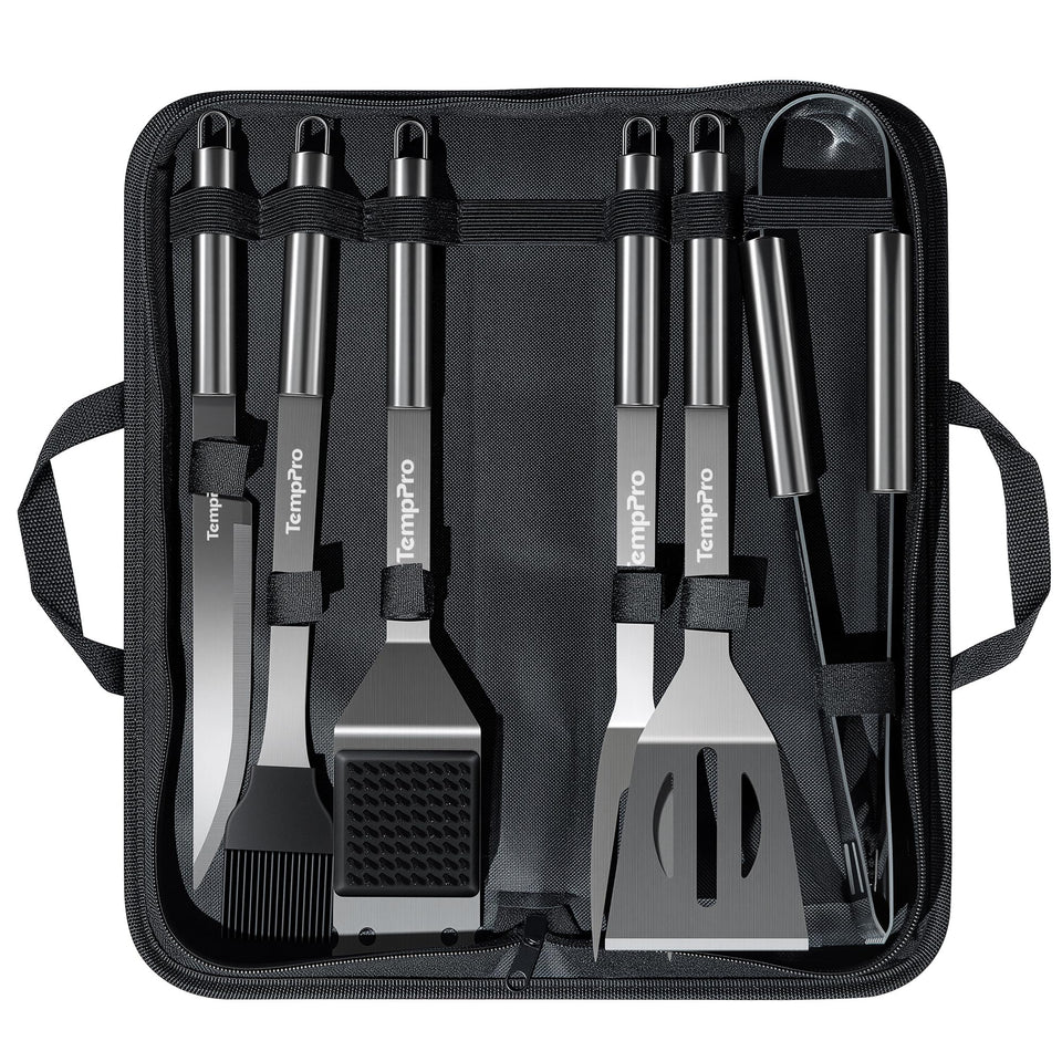 TempPro spatula over burgers for precise flipping and even browning.
