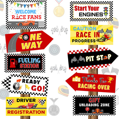 Tenare race car signs pack assembly for flexible party setup and easy planning.