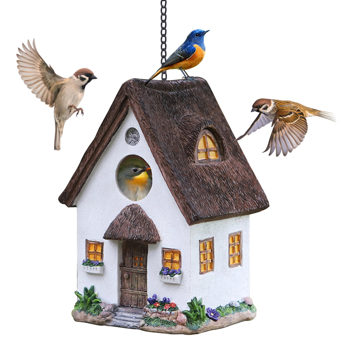 Tenforie Bird House garden décor entry invites birds to nest securely.