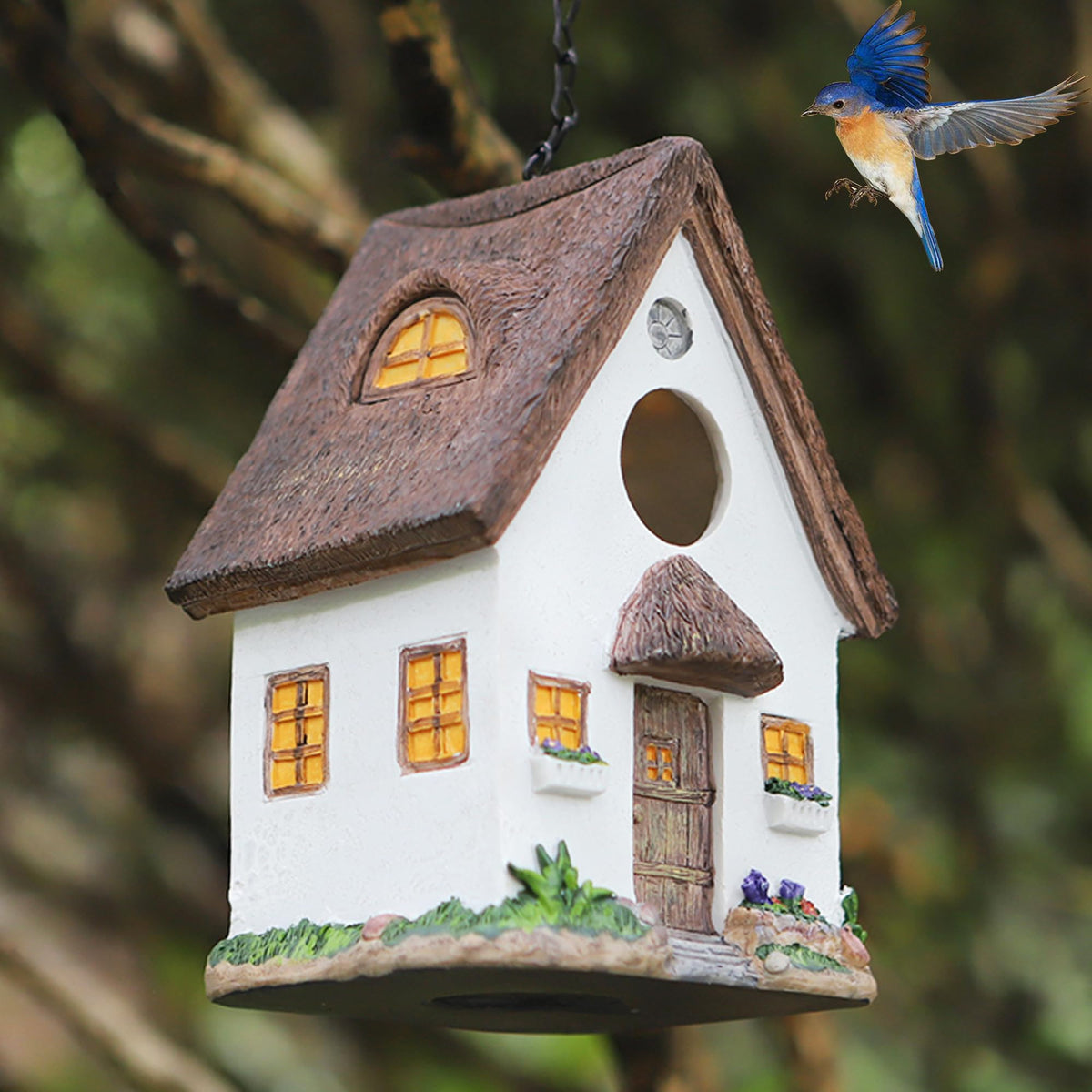 Tenforie Bird House handcrafted detailed windows enhance natural charm.