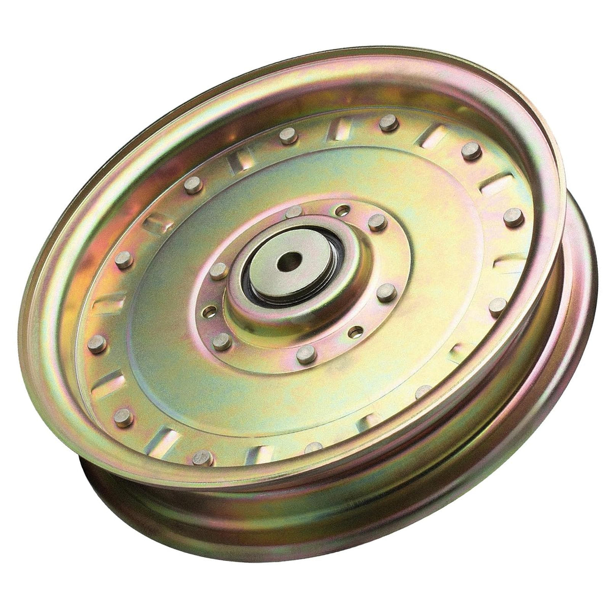TENGMUJX idler pulley close-up showing durable steel build for mower longevity.